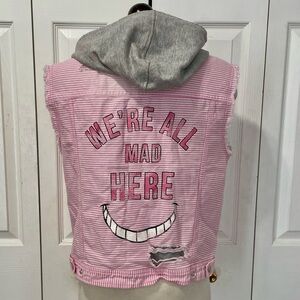 Disney Authentic Mad Hatter Pink and White Striped Hooded Denim Vest
